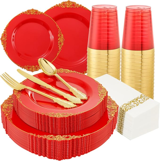 Morejoy 175PCS Red Plastic Plates, 25 Silverware Sets, 25 Cups, 25 Napkins by Morejoy