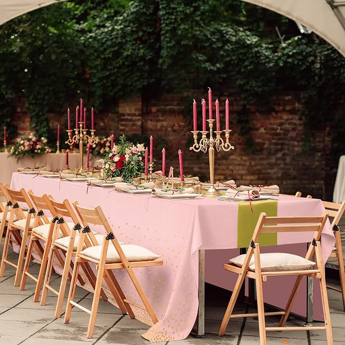 8Pack Disposable Plastic Tablecloths and Satin Table Runner Set Pink and Gold - Image 7