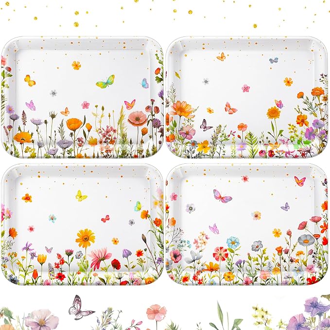 4 Pieces Wildflower Serving Trays Flower Melamine Platters Reusable Rectangle by Tiangrid