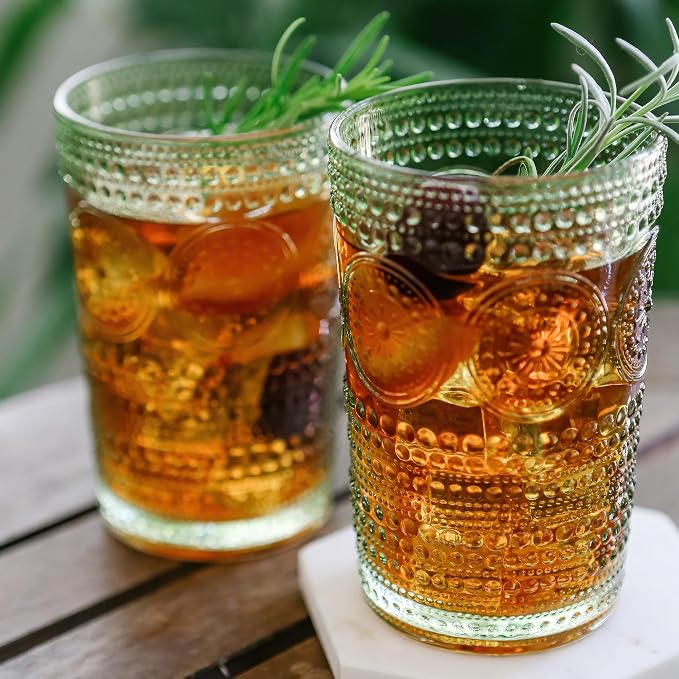 Hobnail Beaded Floral Green Drinking Glasses Set of 6, Vintage Glassware Set by - Image 7