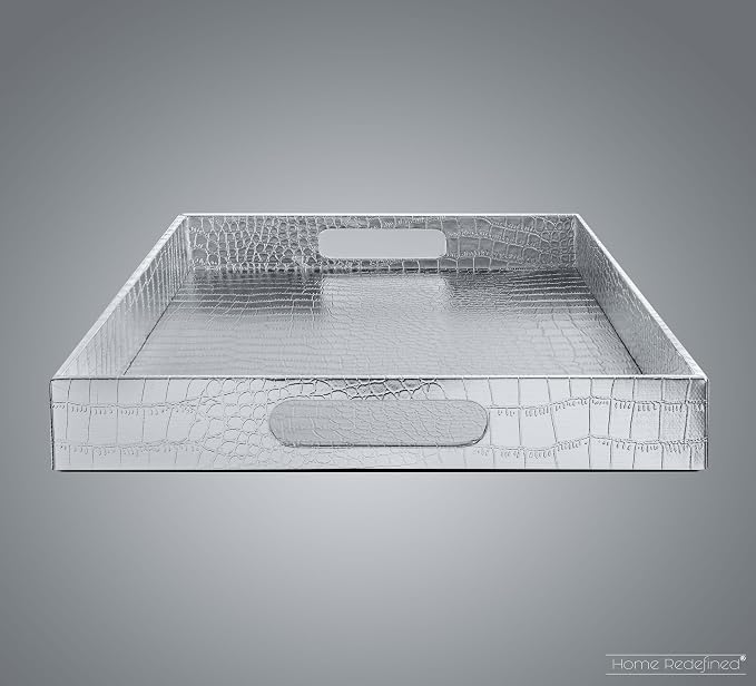 Home Redefined 17.5"x12" Silver Glossy Crocodile Faux Leather Serving Tray - Image 4