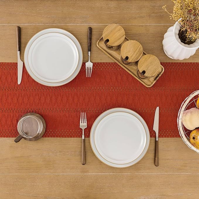 Macrame Style Boho Table Runner, 12x36 Inch Dark Orange | Woven Boho Table - Image 4