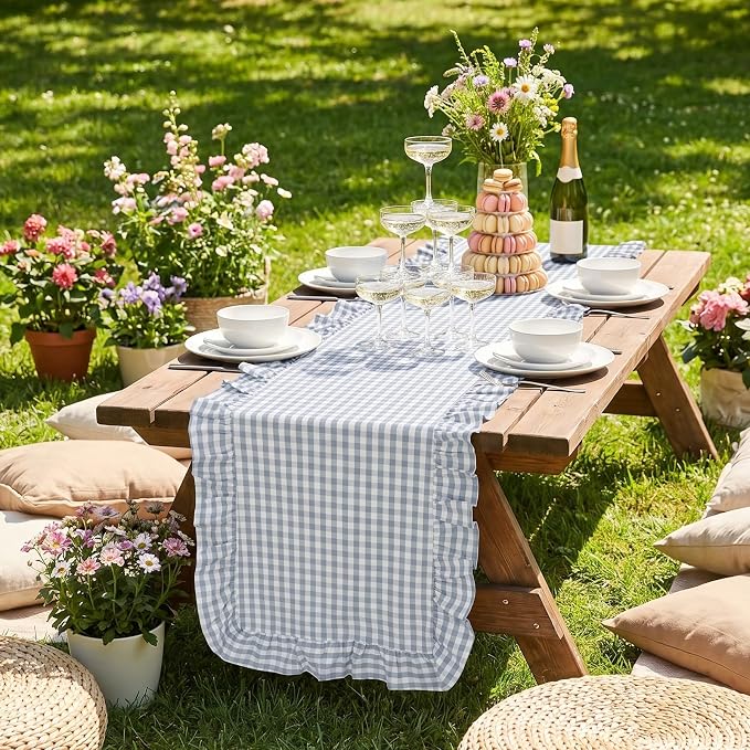 Eternal Beauty 14x120 Gingham Ruffle Table Runner, 100% Washed Cotton Plaid - Image 7