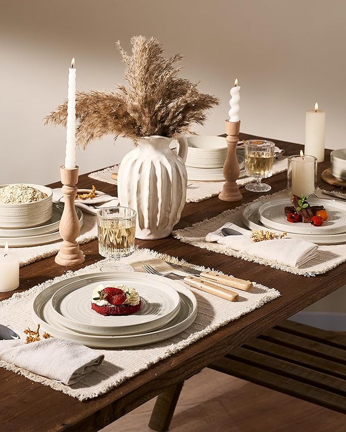 Stoneware Dinnerware Sets for 4, Reactive Glaze Plates & Bowls, Shell Beige | - Image 2