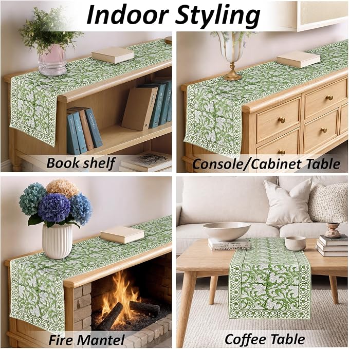 Sage Green Hand Block Print 100% Cotton Table Runner 16x90 Inch | Perfect - Image 6