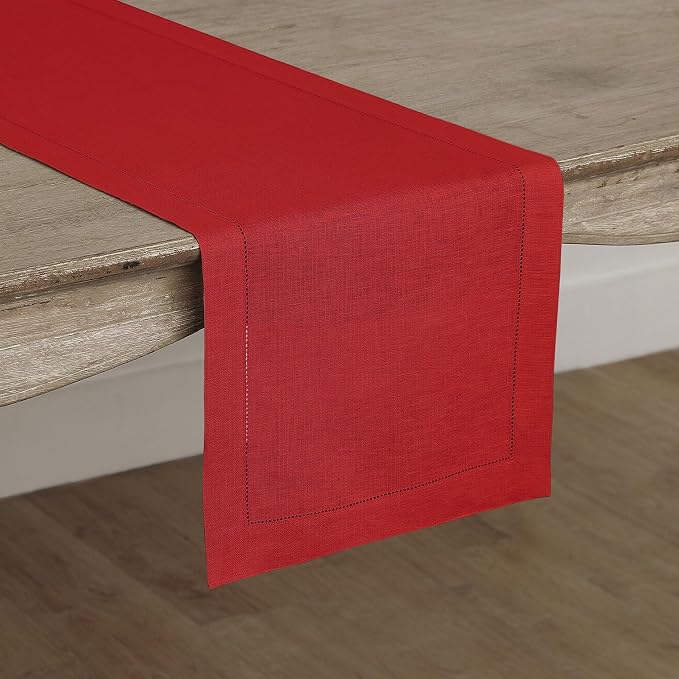 Solino Home 100% Pure Linen Table Runner Red, Classic Hemstitch 14 x 132 in | - Image 2