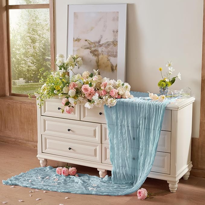 Dusty Blue Cheesecloth Table Runner 120inch Boho Gauze Home Decor | 120 Inch - Image 4