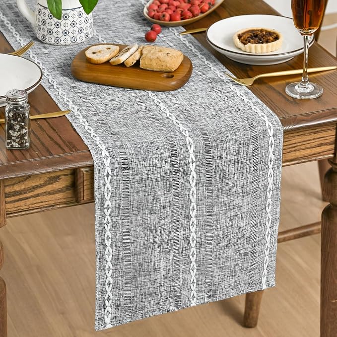 Artoid Mode Dark Grey Rustic Cotton Linen Table Runner, Seasonal Embroidered by ArtoidMode
