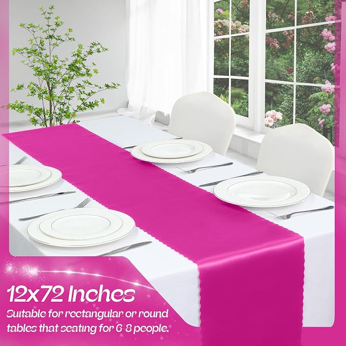VACVELT Hot Pink Satin Table Runners, 12x72 Inch, 2 Pack, Scalloped Edge | - Image 3