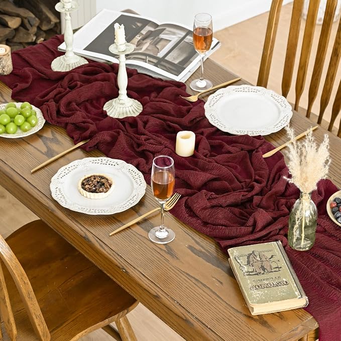 Artoid Mode Boho Cheesecloth Gauze Burgundy Wedding Table Runner, 160 Inch - Image 5