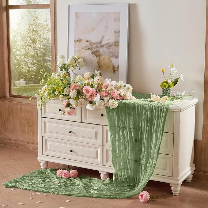 Sage Green Cheesecloth Table Runner 120inch Boho Gauze Home Decor | 120 Inch - Image 3
