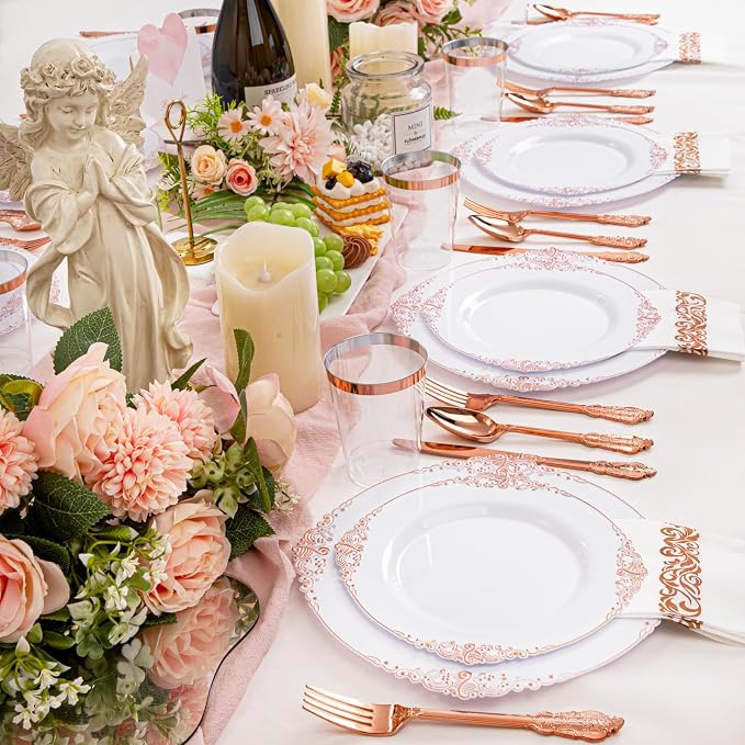Morejoy 175PCS Rose Gold Plastic Plates & Disposable Dinnerware Sets | Inculdes - Image 4