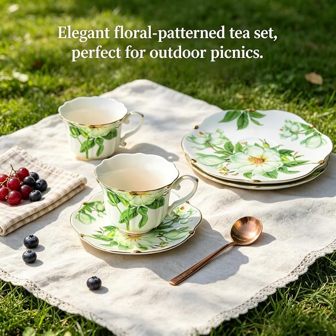 Vintage Porcelain Floral Tea Set — 22oz Teapot + 2 Tea Cup & Saucer Sets + 2 - Image 5