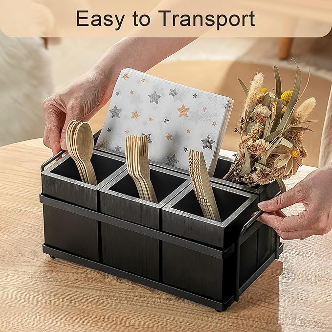PTSTING Silverware Caddy Black Wood Silverware Holder Paper Plate Dispenser | - Image 4