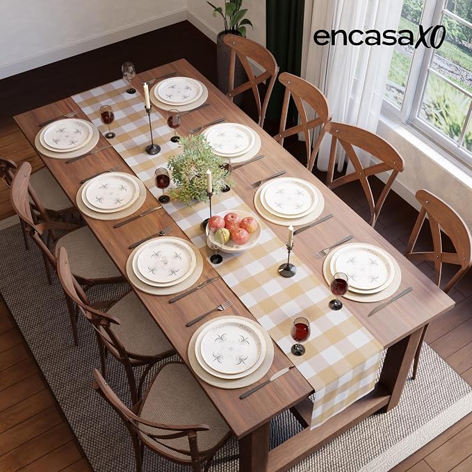 Encasa XO Table Runner, Woven Cotton Dining Runner 13"x72" Buffalo Beige Checks - Image 4