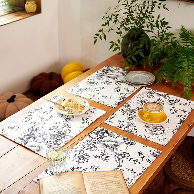 JINCHAN Alice Linen Floral Placemats Set of 4 Farmhouse 13x19 Inch Black | - Image 7