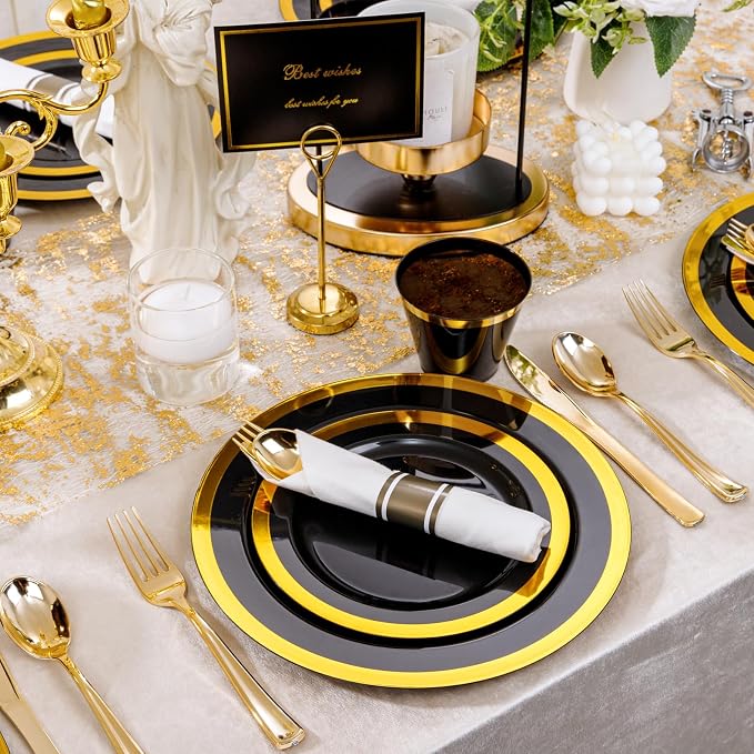 YOUBET 350PCS Black and Gold Plastic Plates - Image 8
