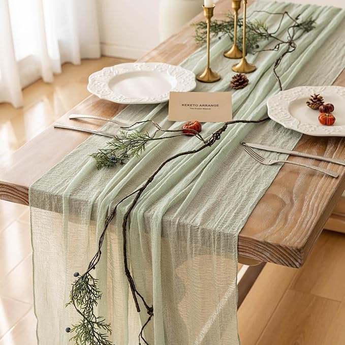 3Pcs Sage Green Cheesecloth Table Runner 120 Inches by KEKETOARRANGE