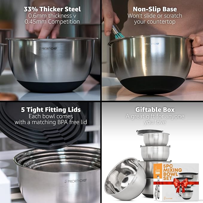 Premium Mixing Bowls With Lids Set, Airtight Lids, Thicker Stainless Steel - Image 2