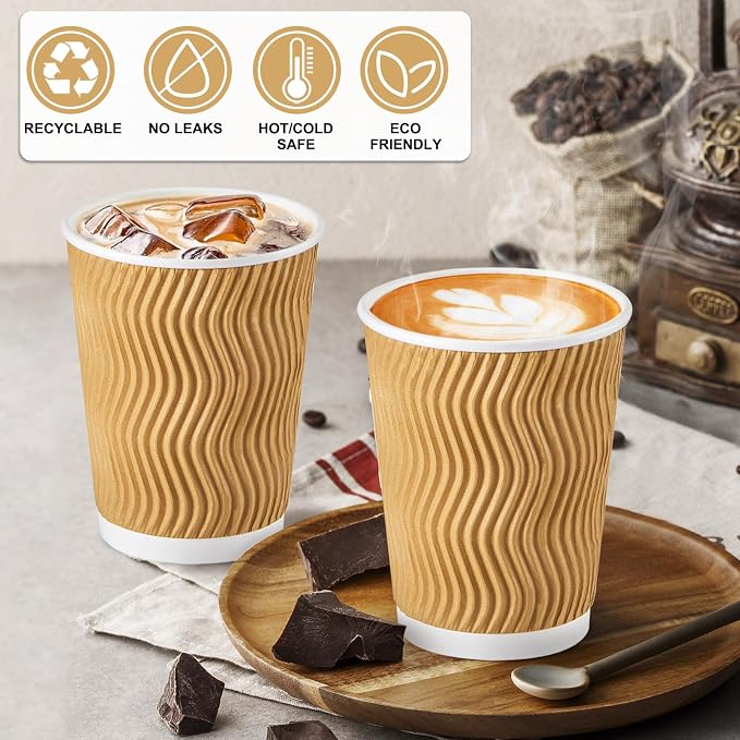 SIUQ 150 Pack 12 oz Disposable Coffee Cups, Insulated Corrugated Paper Cups | - Image 6