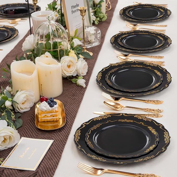 DaYammi 60PCS Black and Gold Plastic Plates, Heavy Duty Black and Gold - Image 6