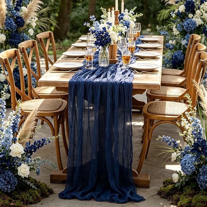 3Pcs Navy Blue Table Runner, 10FT Rustic Gauze Blue Table Runner 35*120inch - Image 6