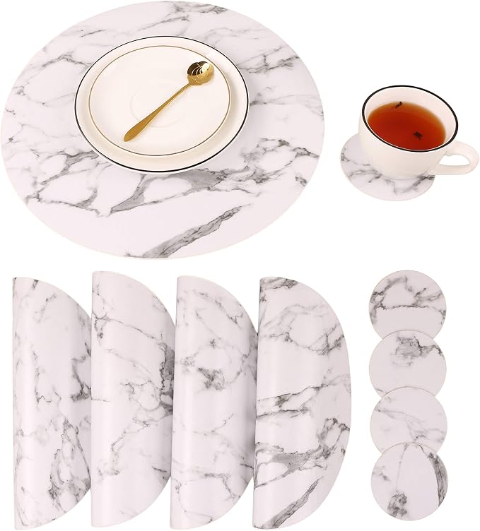 Marble Round Placemats and Coasters, Faux Leather Waterproof Table Mats by JOVONO