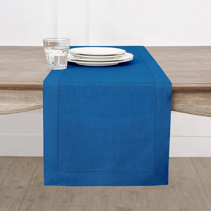 Solino Home 100% Pure Linen Table Runner Indigo Blue Hemstitch, 14 x 72 in | by SolinoHome