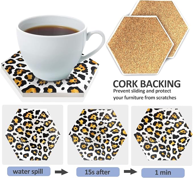 8 Pcs Drink Coasters with Metal Holder Stand, Leopard Print Design Ceramic - Image 5