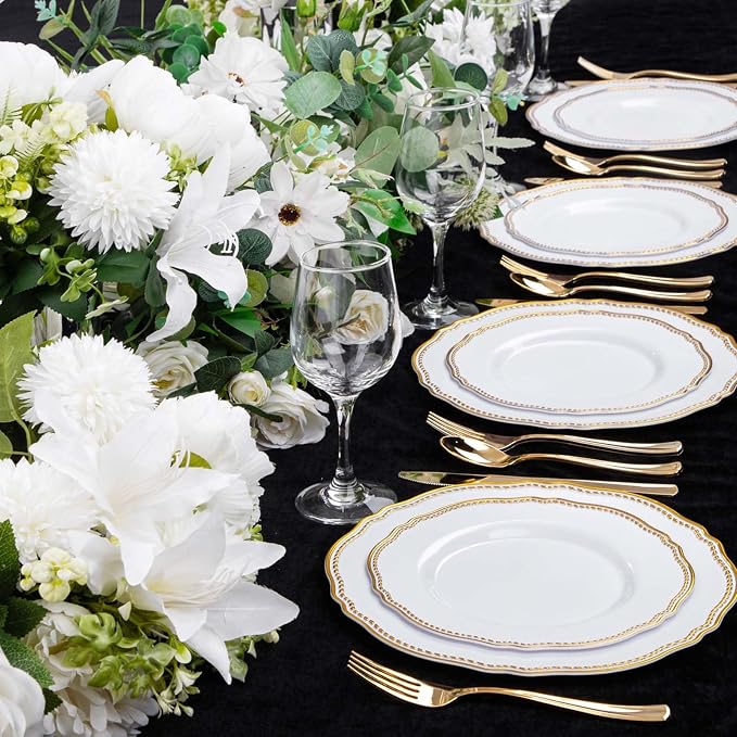 60 Pcs White Gold Dinner Plates - Image 6