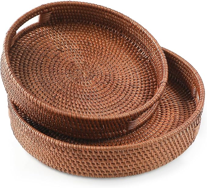 HITOMEN Hand-Woven Round Rattan Serving Tray Decorative Ottoman Wicker Platter by HITOMEN
