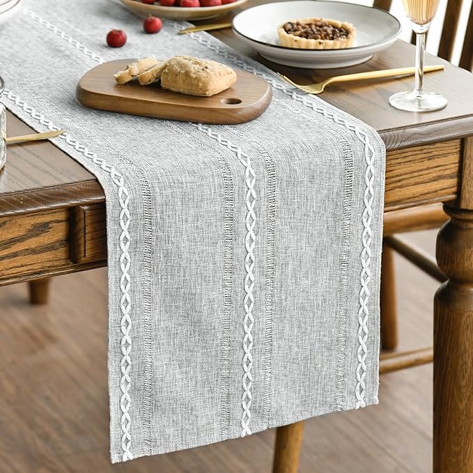 Artoid Mode Grey Rustic Cotton Linen Table Runner, Seasonal Embroidered Hollow by ArtoidMode