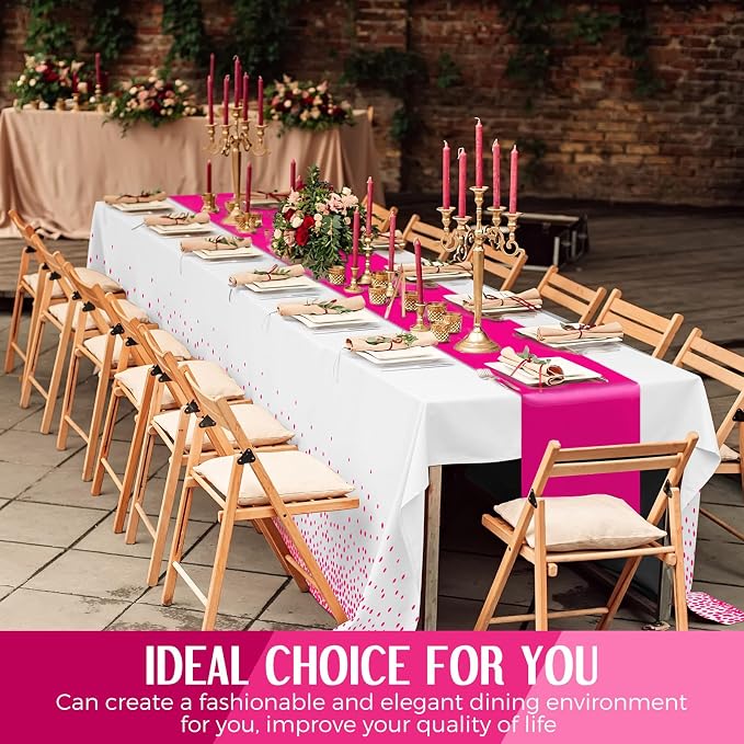 8 Pack White and Hot Pink Disposable Plastic Tablecloths and Satin Table Runner - Image 6