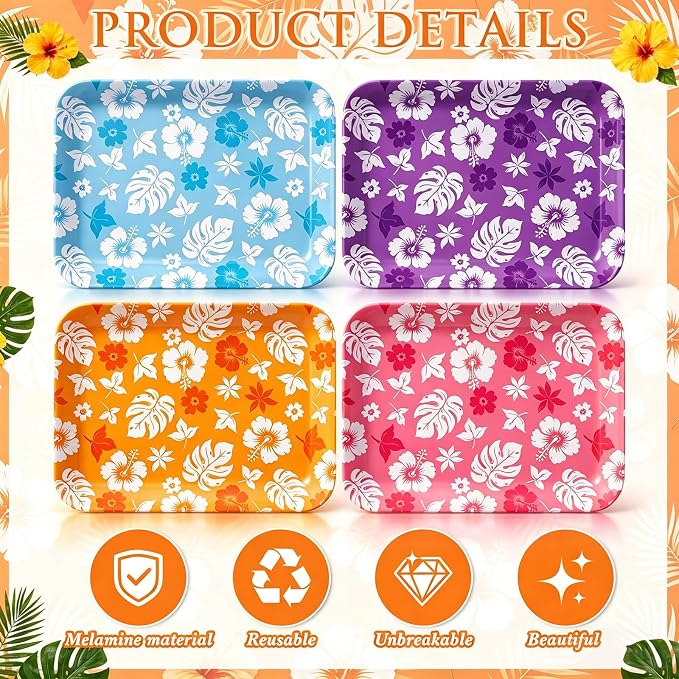 4 Pieces Tropical Serving Trays Hibiscus Floral Melamine Platters Reusable - Image 3