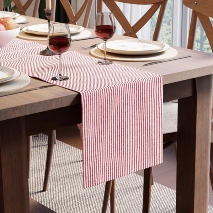 Encasa XO Table Runner, Woven Cotton Dining Runner 13"x94" | Ticking Red by EncasaXO