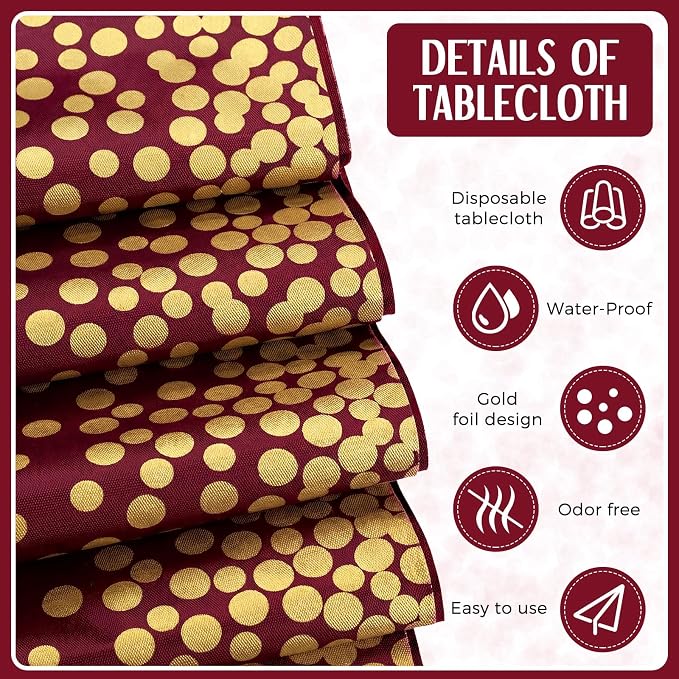 8 Pack Burgundy and Gold Disposable Plastic Tablecloths and Satin Table Runner - Image 6