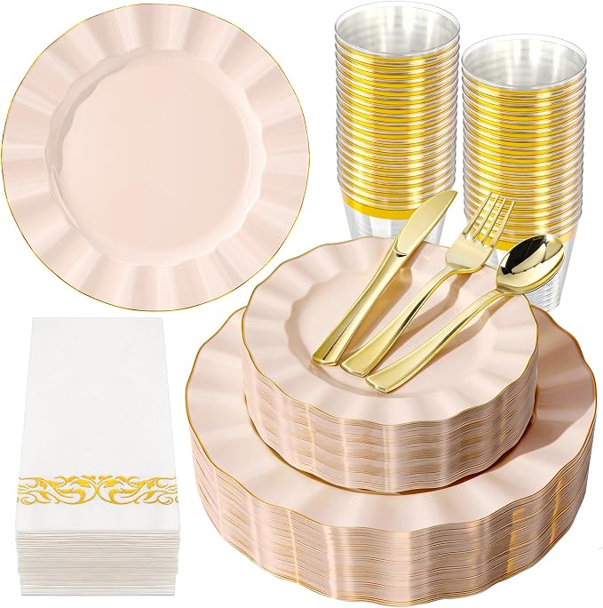 175PCS Pink Plastic Dinnerware Set, Wavy Plates by QualQuot