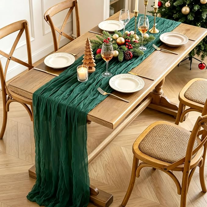 Christmas Table Runner, 10FT Cheesecloth Emerald Green Table Runners 35*120inch - Image 5