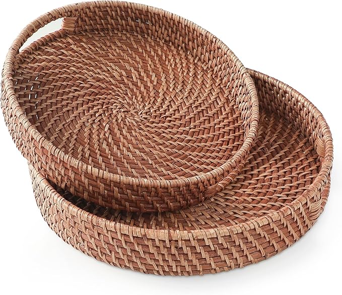 HITOMEN Hand-Woven Round Rattan Serving Tray Decorative Ottoman Wicker Platter by HITOMEN