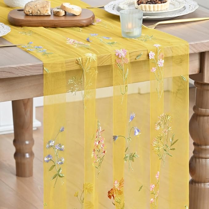 Artoid Mode Wildflower Floral Yellow Gauze Embroidery Table Runner 120 Inch 10FT by ArtoidMode