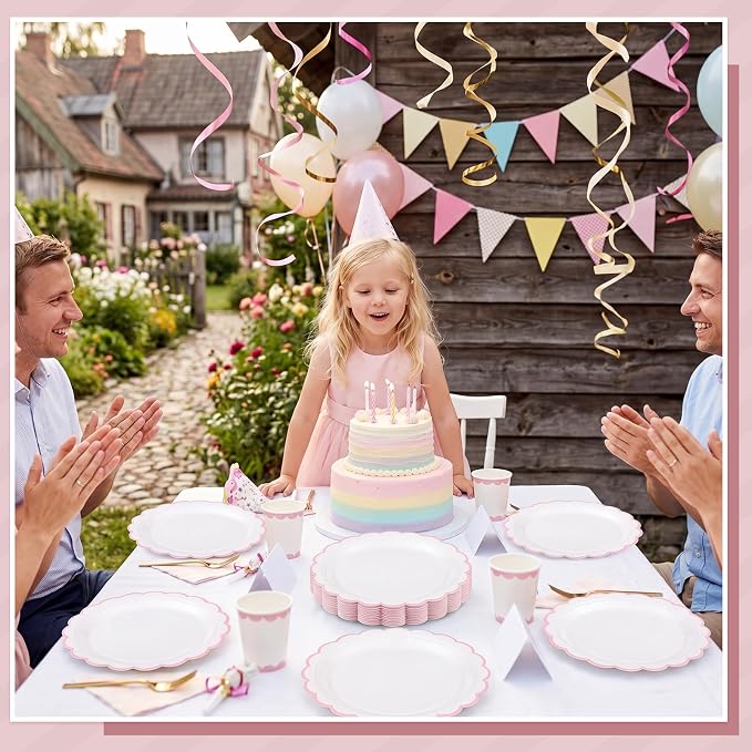 NatNarr 30 Pk Pink Paper Plates 9" Scalloped Pink White Party Plates | Cute - Image 6