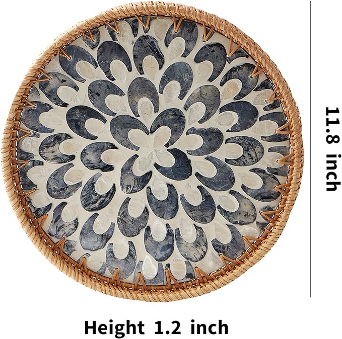 Round Rattan Tray with Mother of Pearl Inlay, Rattan Serving Tray with Wooden - Image 6