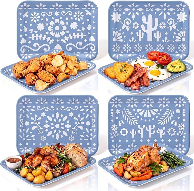 4 Pieces Mexican Serving Trays Blue Fiesta Melamine Platters Reusable Rectangle by Tiangrid