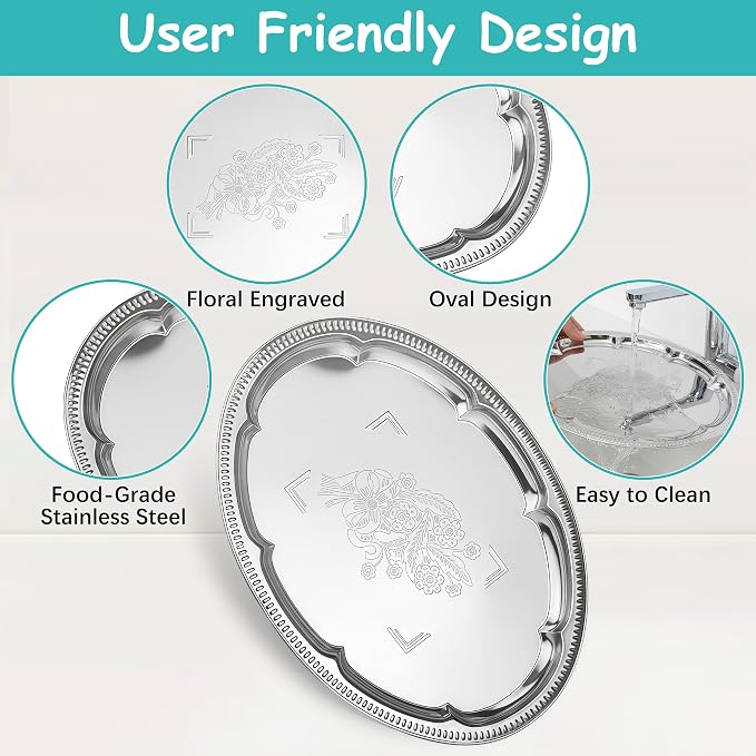 6-Pack Large Silver Serving Trays – Oval Floral Engraved Serving Platters - Image 6