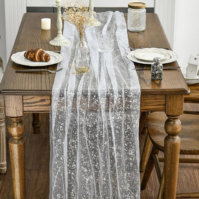 Artoid Mode White Silver Gauze Table Runner 120 Inch 10FT, Glitter Metallic - Image 4
