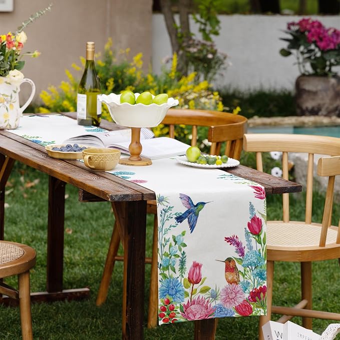 Summer Hummingbirds Floral Table Runner Green Leave Burlap Table Runners - Image 7