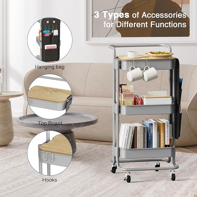 DTK 3-Tier Rolling Cart with Table Top, Metal Utility Cart with Side Bags | - Image 5