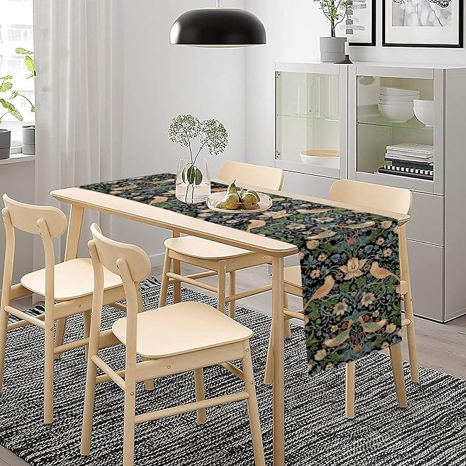 William Morris Floral Table Runner, Strawberry Thief Birds in Green and Blue - Image 3