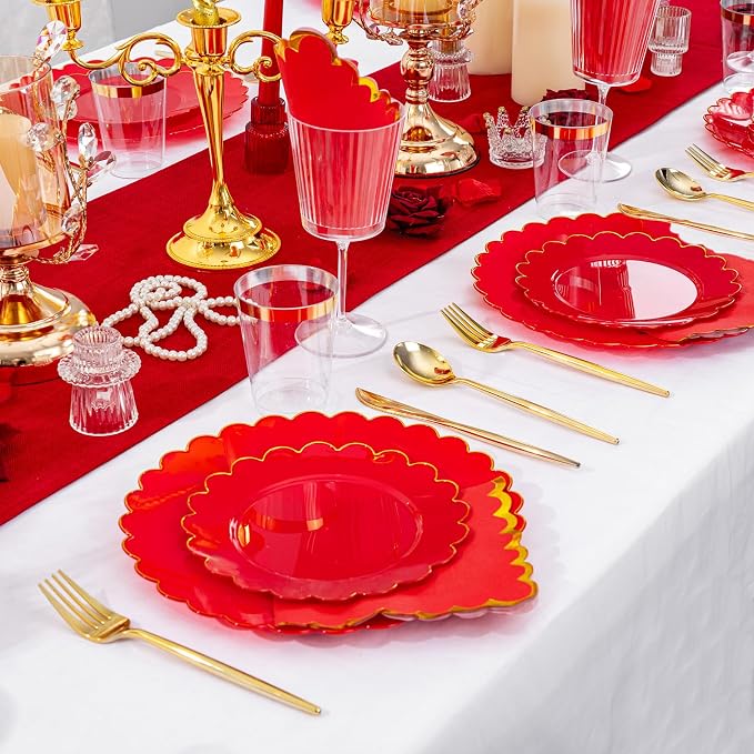 LIYH 210pcs Red Gold Scalloped Plastic Plates, Elegant Party Dinnerware | Heavy - Image 6