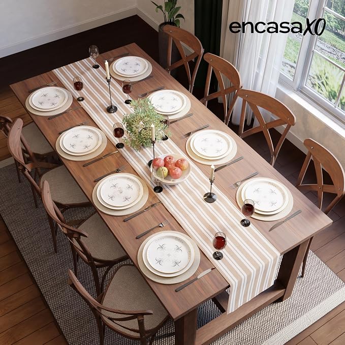 Encasa XO Table Runner, Woven Cotton Dining Runner 13"x72" Franca Beige Stripes - Image 4